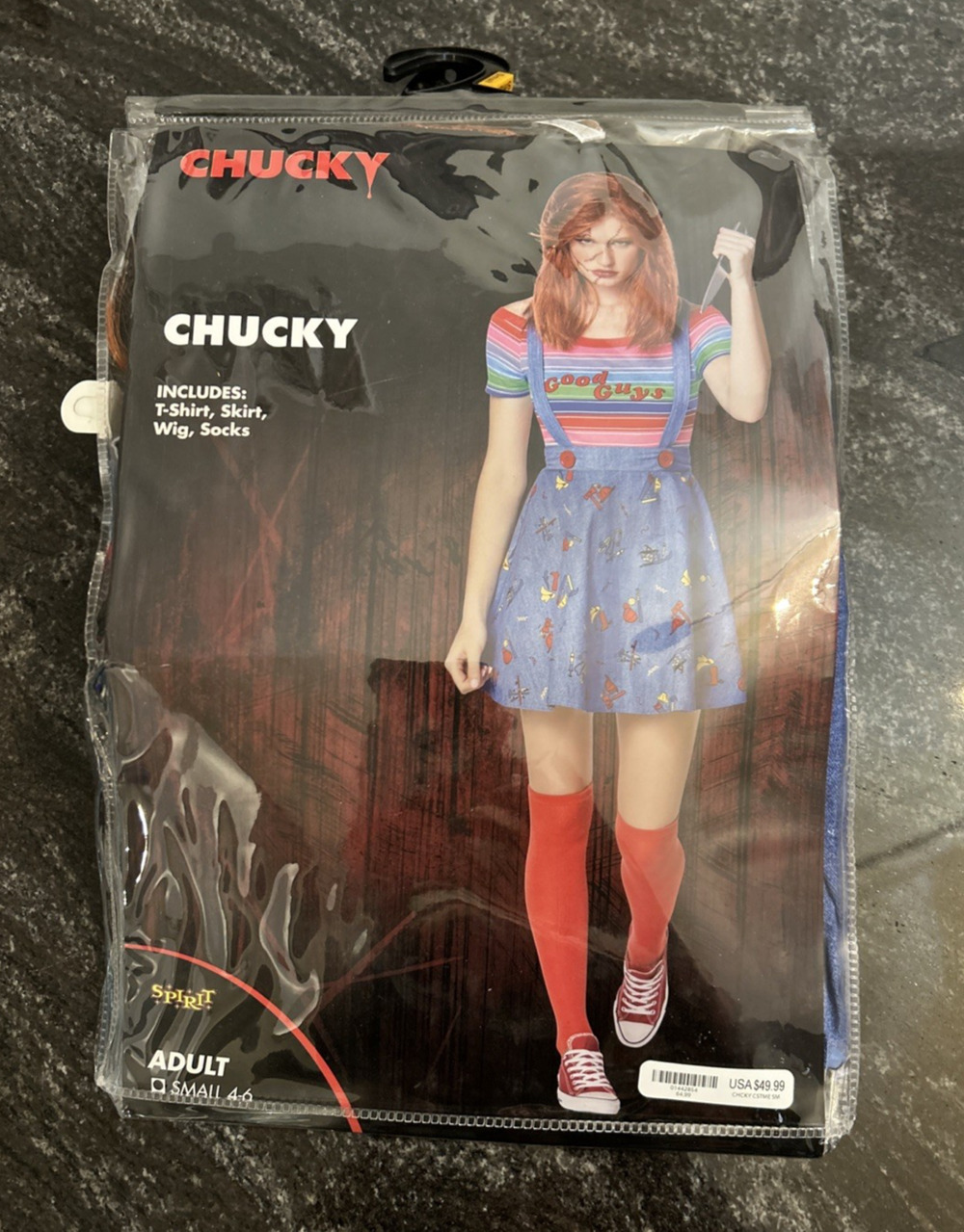 Chucky Costume Women’s Size S (4-6) Skirt Shirt Stockings Wig Halloween Cosplay